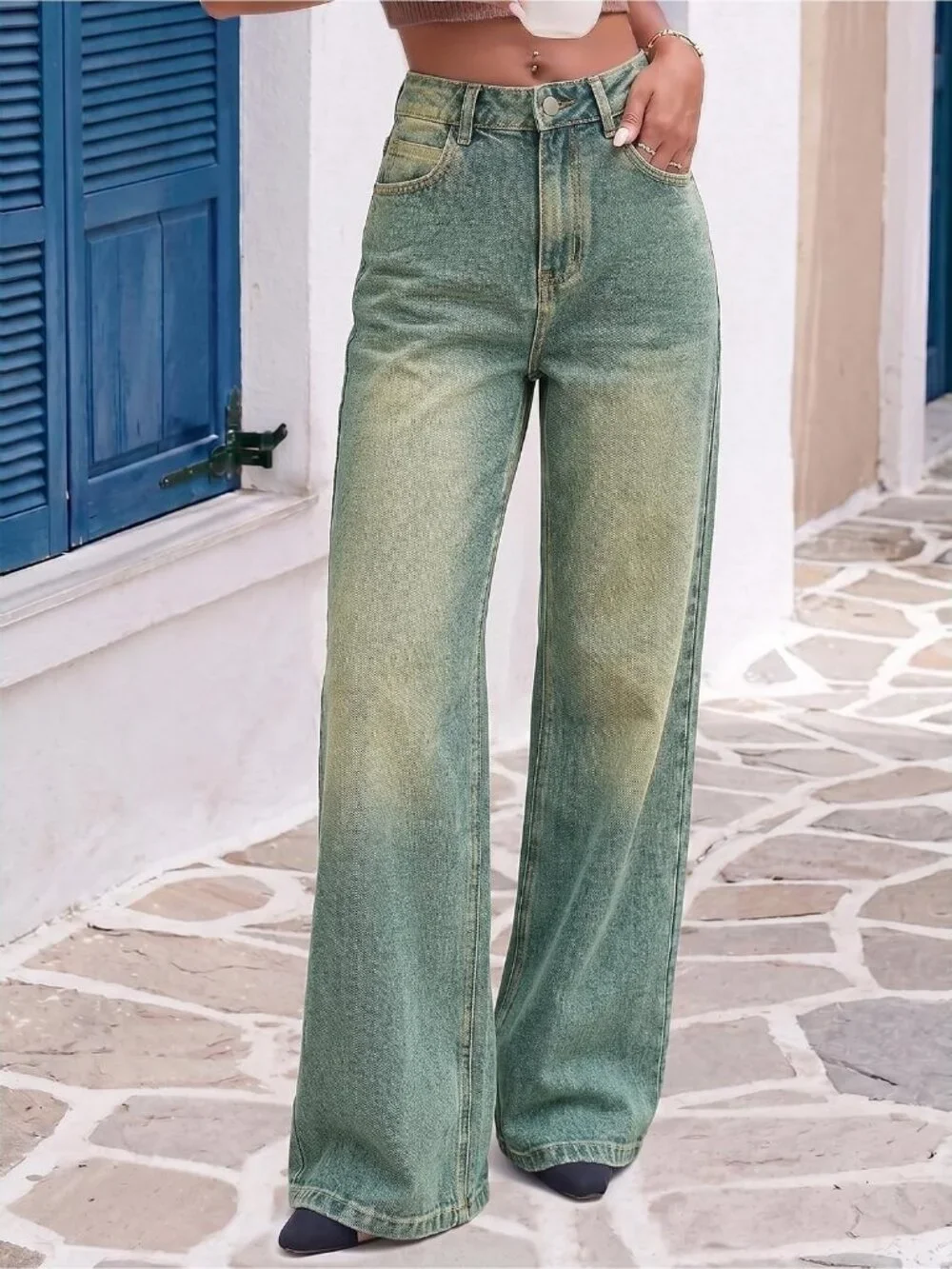 Women's Retro Blue Denim Y2k Straight Leg Button Zipper High Waisted Baggy Jeans
